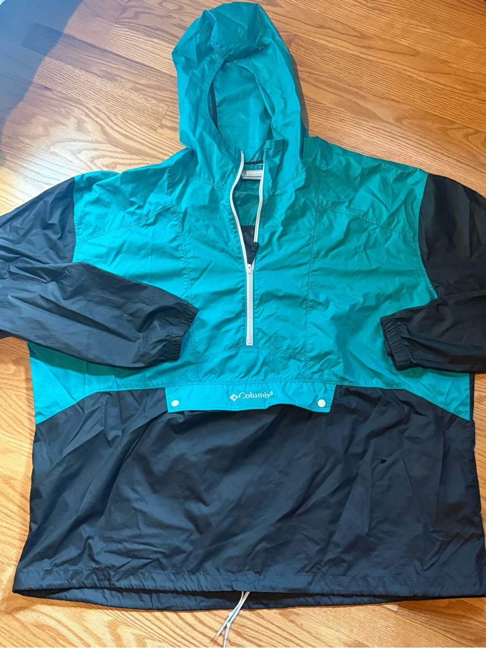 Columbia Men's Colorblock Teal and Black Packable Anorak Windbreaker Hoodie